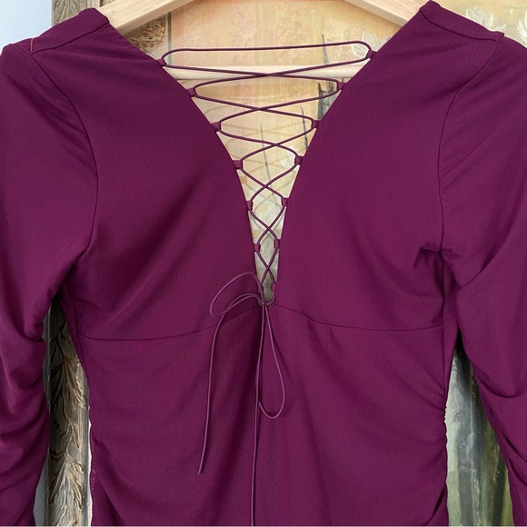 Oh Polly Mini Dress Womens Purple Wine Lace Up Ruched Long Sleeve Bodycon Size 4 - Picture 9 of 13